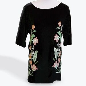 Ann Taylor Factory Black Floral Embroidered Cotton Boat Neck Elbow Sleeve Top L